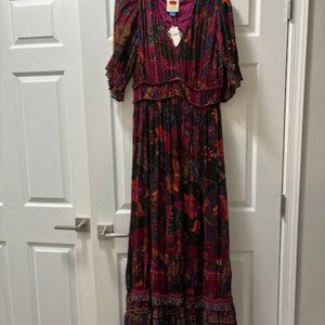 Farm Rio Anthropologie Bright Colors Long Dress Short Sleeves M